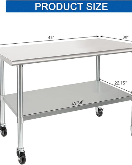 HARDURA Stainless Steel Table with Wheels 30 x 48 Inches Casters NSF Heavy Duty Commercial Work & Prep Table with Undershelf and Galvanized Legs for Restaurant Kitchen Bar and Hotel Garage