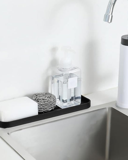Silicone Kitchen Sink Organizer Tray for Multiple Usage,Eco-Friendly Sponges Holder for Kitchen Bathroom Counter or Sink,Dish Soap Dispenser,Scrubber,Bottle,Cup (Black, 12"×4")