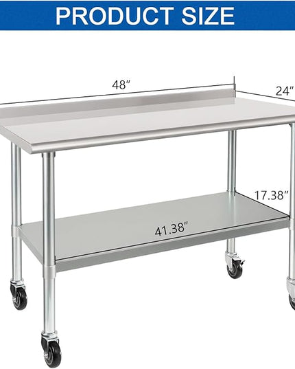 HARDURA Stainless Steel Table 24 x 48 Inches with Wheels Casters NSF Heavy Duty Commercial Prep Table with 2” Backsplash and Adjustable Undershelf for Restaurant Kitchen Home and Hotel