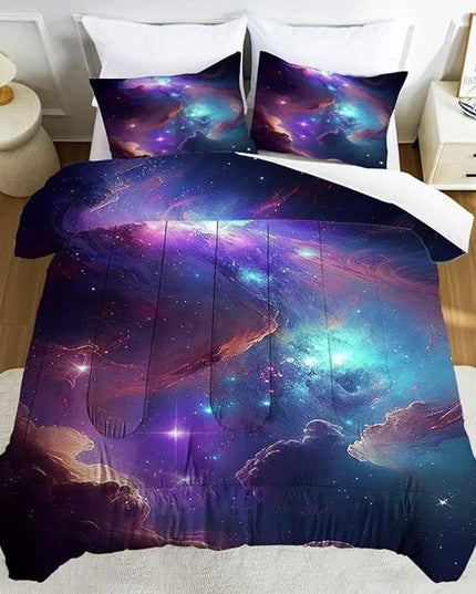 Purple Galaxy Bedding Set Full Size Outer Space Comforter Set for Girls Teens Kids Women Boys Starry Nebula Blue Glitter Quilt 1 Comforter + 2 Pillow Cases