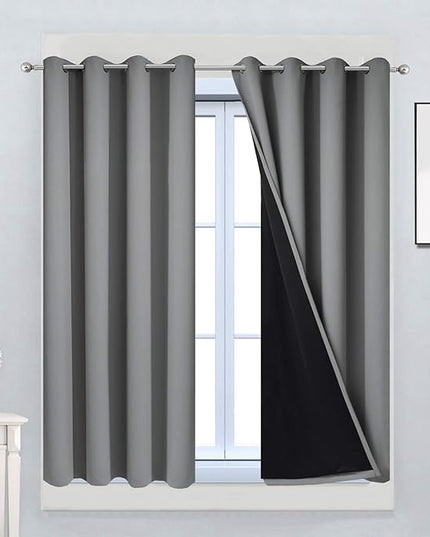 Yakamok Gray 100% Blackout Curtains 45 Inches Long, Full Light Blocking Thermal Insulated Blackout Drapes with Black Liners for Bedroom(Grey, 2 Panels, 52W x 45L)