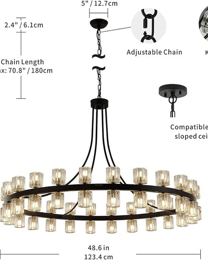 48" Wagon Wheel Chandelier Black Wagon Wheel Chandelier with Crystal Shade, 48 Lights, Modern Farmhouse Style, Ideal for Dining Room, Kitchen, Entryways