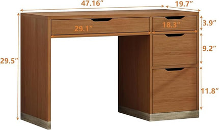 48 Inch Small Desk with 4 Drawers, Computer Desk with Storage File Cabinet for Bedroom, Home Office Desk with Storage for Small Space, Brown