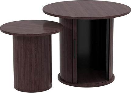 COSVALVE Nesting Coffee Table Set of 2 with Hidden Storage & Sliding Door, Circle Wood Coffee Table, Farmhouse Side & End Table Sets for Living Room, Small Spaces, Walnut