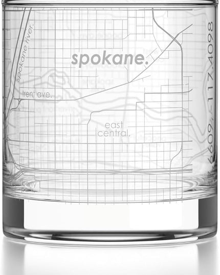 Well Told Engraved Spokane Washington Map Rocks Glass, Old Fashioned Glassware (11 oz, Clear) Etched Bourbon Tumbler, Gifts For Whiskey Lovers