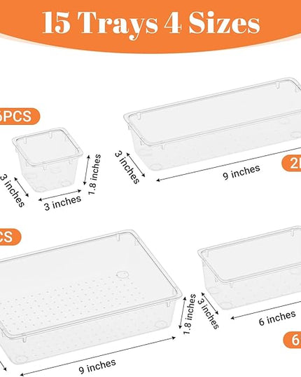 15 PCS Clear Plastic Drawer Organizer Set, 4-Size Acrylic Drawer Storage Trays, Storage Bins for Makeup, Gadgets, and Jewelry in Bathroom, Bedroom and Office, Clear