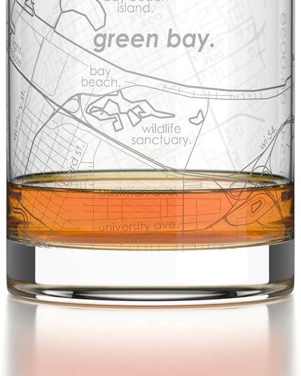 Well Told Engraved Green Bay Wisconsin Map Rocks Glass, Old Fashioned Glassware (11 oz, Clear) Etched Bourbon Tumbler, Gifts For Whiskey Lovers