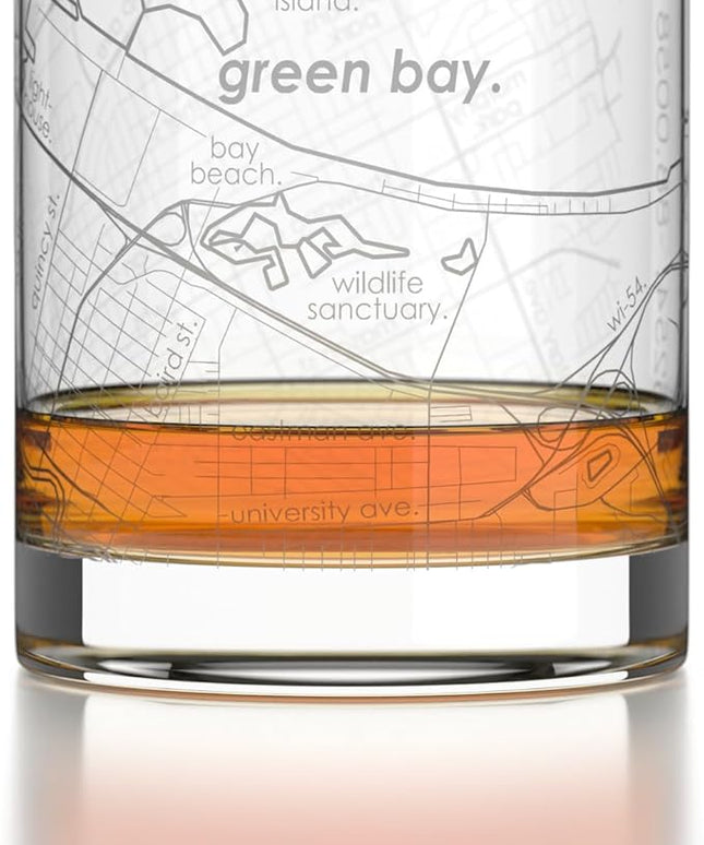 Well Told Engraved Green Bay Wisconsin Map Rocks Glass, Old Fashioned Glassware (11 oz, Clear) Etched Bourbon Tumbler, Gifts For Whiskey Lovers
