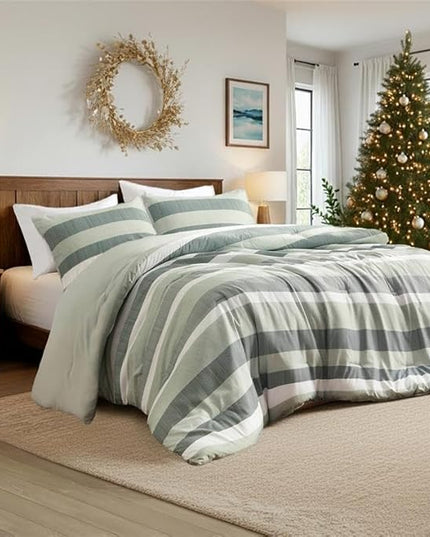King Comforter Set, 3 Pieces Striped Bed Set, Soft Brushed Microfiber Reversible Bedding Set for All Season, Lightweight & Breathable Bedding Set with Comforter & Shams, Sage Green