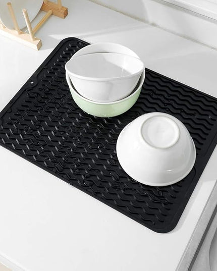 Silicone Dish Drying Mat for Multiple Usage,Easy clean,Eco-friendly,Heat-resistant Silicone Mat for Kitchen Counter or Sink,Refrigerator or drawer liner Black L 16 inches x 12 inches