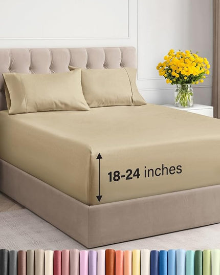Extra Deep Twin Sheet Set - 4 Piece Breathable and Cooling Sheets - Hotel Luxury Bed Sheets Set - Easy & Secure Fit - Soft, Wrinkle Free and Comfy Sheets Set - Beige Sheet Set with Extra Deep Pockets