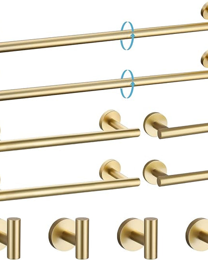 TURS Brushed Gold 10 Pieces Bathroom Hardware Set, SUS304 Stainless Steel 24 Inch Bath Towel Bar Set, Round Bathroom Accessories Kit Wall Mounted