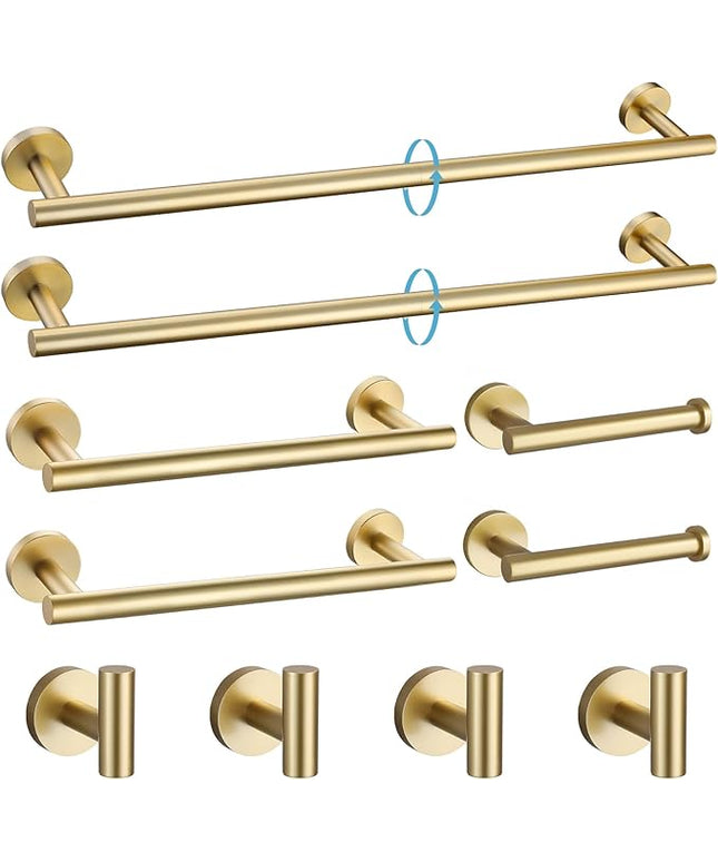 TURS Brushed Gold 10 Pieces Bathroom Hardware Set, SUS304 Stainless Steel 24 Inch Bath Towel Bar Set, Round Bathroom Accessories Kit Wall Mounted