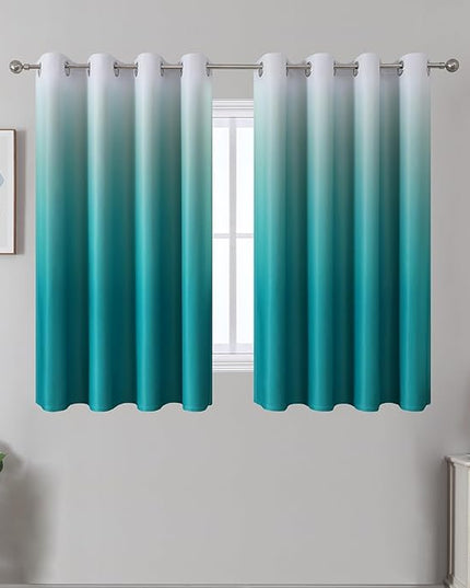 Estelar Textiler Teal and Greyish White Ombre Full Light Blocking Blackout Curtains for Living Room 54 Inch Long, Energy Saving Grommet Window Curtains for Bedroom, 52x54 inch, 2 Panels