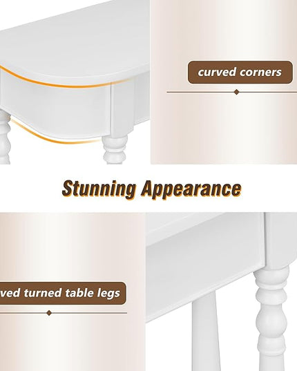 HMFULE Retro Curved Console Table, 36" Solid Wood Half Moon Console Table Sofa Table Entryway Table with 1 Drawer 1 Open Shelf Roman Legs Curved Corners for Living Room,Entryway,Hallway,White