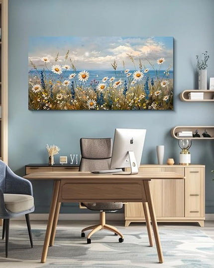 Wapluam Large Canvas Wall Art for Living Room Blue Ocean Wall Decor For Bedroom Bathroom Decoration Natural Seascape Painting Modern Office Wildflowers Artwork Pictures Home Decor Ready To Hang