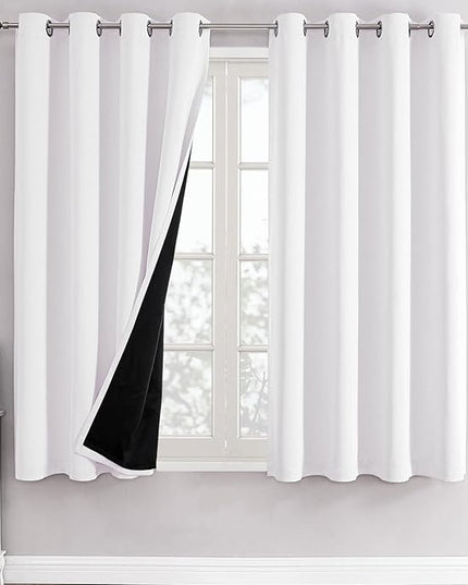 ChrisDowa White 100% Blackout Curtains for Bedroom with Black Liner, 2 Thick Layers Total Blackout Thermal Insulated Grommet Window Curtains 2 Panels Set (Pure White, 52 x 45 Inch)