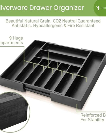 Purawood Bamboo Drawer Organizer - Expandable Silverware Organizer & Utensil Organizer, Cutlery Tray with Dividers, 7-9 Slots - Premium Kitchen Drawer Organizer for Utensils & Flatware (Black)