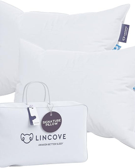 Lincove Signature 100% Natural Canadian White Down Luxury Sleeping Pillow - 800 Fill Power, 500 Thread Count Cotton Shell, Made in Canada, Queen - Firm, 2 Pack