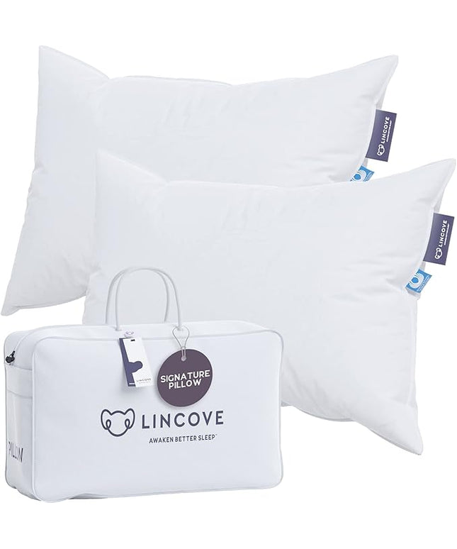 Lincove Signature 100% Canadian White Down Pillow - Luxury Sleeping Pillow for Back, Stomach & Side Sleepers - 800 Fill Power Bed Pillow, 500 Thread Count, Made in Canada, Standard - Firm, 2 Pack