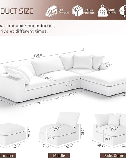 Oversize Cloud Modular Sectional Sofa,110.8" L Shape 3 Seaters with Chaise Down Filled Comfort Sofa Detachable Couch Cushion Covers for Living Room,White