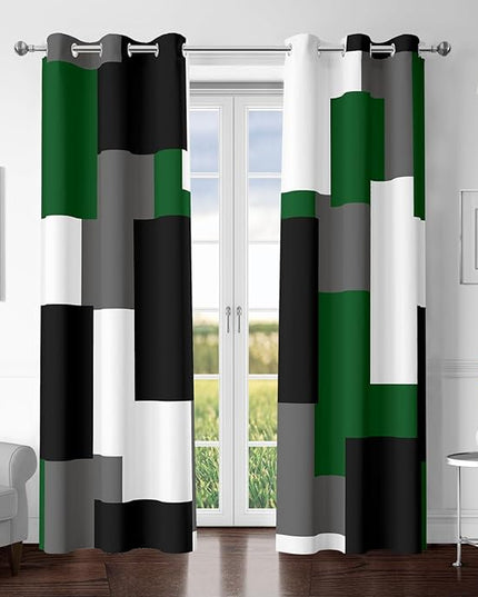 Green 100% Blackout Curtains for Bedroom 63 inch Length 2 Panels Set White Grey Modern Abstract Geometric Black Out Curtains Insulated Room Darkening Window Drapes for Living Room, 42Wx63L