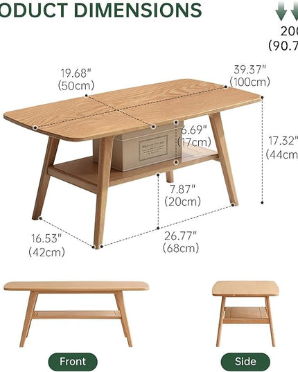 100% Solid Oak Wood Coffee Table for Living Room, 2-Tier Small Coffee Tables with Shelf Storage, Mid Century Modern Table with Rounded Corners (Natural, 39.37" x 19.68" x 17.32")