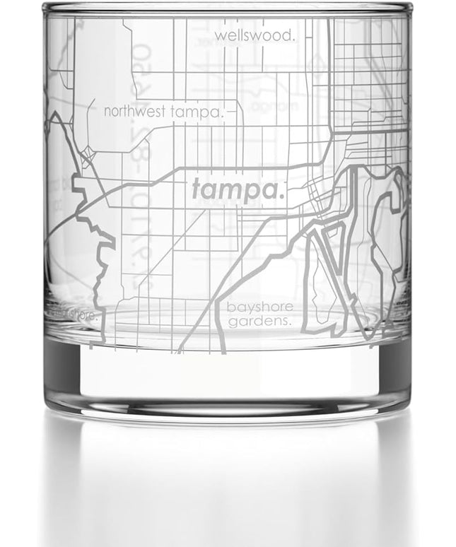 Well Told Engraved Tampa Bay Florida Map Rocks Glass, Old Fashioned Glassware (11 oz, Clear) Etched Bourbon Tumbler, Gifts For Whiskey Lovers