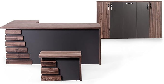 71" Wood Office Furniture Set of 3pcs | Executive Right Side L Shaped Corner Desk & File Drawers w/Telescopic Rail | Coffee Table | Storage Cabinet w/Chrome Handles | Modern Home Workstation