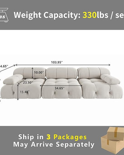JACH 104" Convertible Modular Sectional Sofa, Minimalist Mid-Century Velvet Sofas Couches, Luxury Modern 3-Seat Wide Couch Sectional for Living Room Bedroom Office Apartment (Beige)