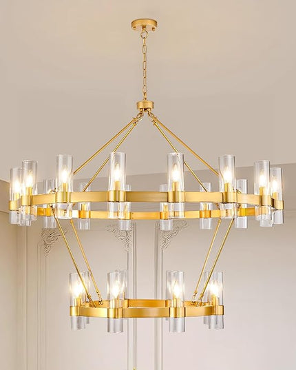 48" Modern High Ceiling Chandelier, 2 Tier Wagon Wheel Chandelier with Glass Shade, 24-Lights Large Round Modern Farmhouse Pendant Lighting Fixture for Dining Room, Living Room, Kitchen, Foyer