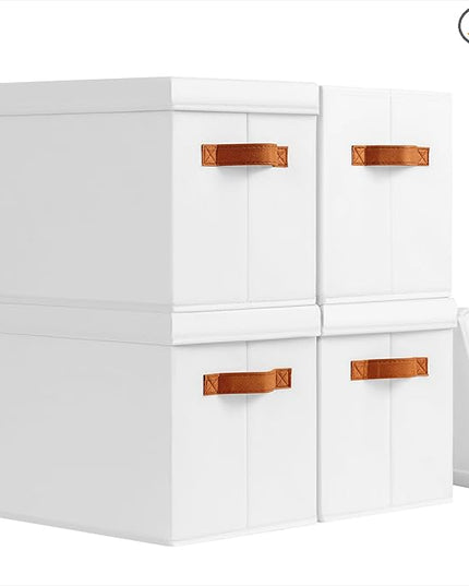 Storage Bins with Lids - Fabric Storage Baskets for Shelves, 4 Pack Foldable Decorative Boxes with Handles, Stackable Organizer Bins for Home, Nursery, Dorm, White