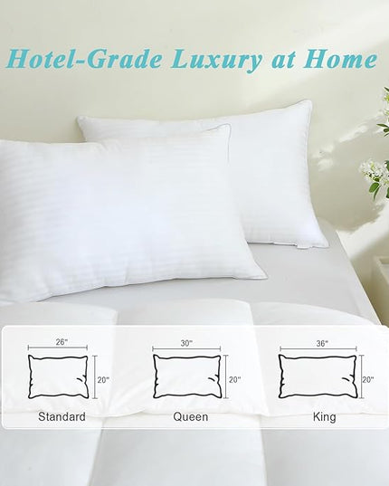 Bed Pillows Queen Size Set of 2-100% Cotton Cover, Down Alternative Gel Polyfill Filled, Flat Soft Medium Adjustable Hotel-Style Pillow Inserts, 20x30 Inch