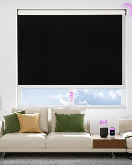 Astomi Motorized Blinds with Remote - Blackout Smart Roller Shades Compatible with Alexa & Goggle Home, Solar Rechargeable, Custom Size 22" - 100" for Indoor Window, Midnight Black