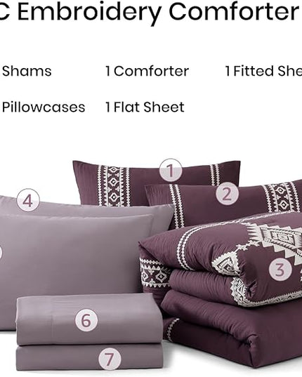 MaiRêve Embroidery Full Size Comforter Set Purple, Farmhouse Western Boho Bedding Set 7 Pieces, All Season Bed in A Bag Comforter Set with Sheets, Pillowcases & Shams