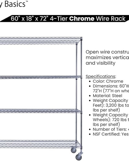 NSF Commercial 4-Tier Wire Shelving with Wheels, 60"x18"x72" Heavy Duty Metal Shelves 3200 lbs Max Capacity, Chrome Storage Rack for Garage Kitchen Pantry Warehouse