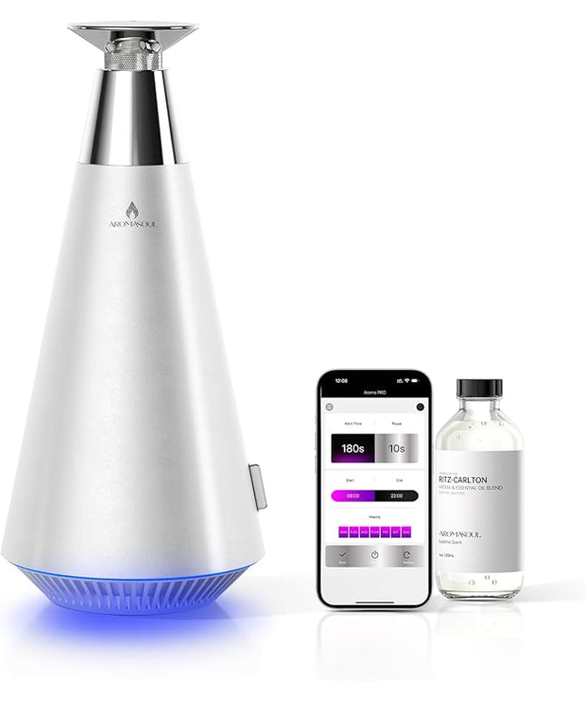 Waterless Scent Diffuser Starter Kit - 1500 Sq Ft Coverage, Alloy Atomization System,Mood Light,Smart Rechargeable Hotel Scent Diffuser, Including 120ml Essential Oil, for Home,Large Room,Spa,Silver