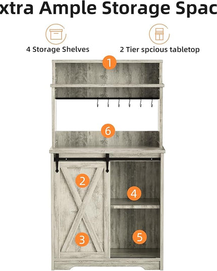 Farmhouse Coffee Bar with 3 Tier Storage Hutch, 56 Inch Small Coffee Station with 6 Hooks, Corner Bar Table with Adjustable Shelves for Living Dining Room (Grey)