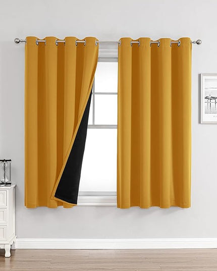 ChrisDowa 100% Blackout Curtains for Bedroom with Black Liner, 2 Thick Layers Total Blackout Thermal Insulated Grommet Window Curtains 2 Panels Set (Mustard Yellow, 52 x 63 Inch)