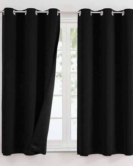 ChrisDowa 100% Blackout Curtains for Bedroom with Black Liner, 2 Thick Layers Total Blackout Thermal Insulated Grommet Small Window Curtains 2 Panels Set (Black, 42 x 45 Inch)