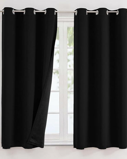 ChrisDowa 100% Blackout Curtains for Bedroom with Black Liner, 2 Thick Layers Total Blackout Thermal Insulated Grommet Window Curtains 2 Panels Set (Black, 42 x 63 Inch)