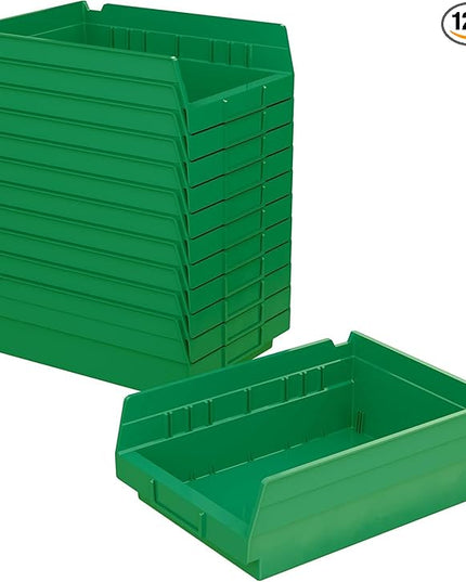 Akro-Mils 30150 Plastic Shelf Bins, Heavy Duty Storage Bins for Garage, Closet, and Drawer Organization, 12-Inch x 8-Inch x 4-Inch, Green, 12-Pack