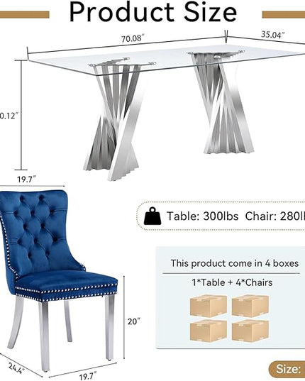 5 Piece Glass Dining Table Set,70" Dinner Room Glass Table Set for 4,Modern Kitchen Dinner Table Set with Stainless Steel Base and 4 Upholstered Velvet Dining Chairs for Living Dining Room