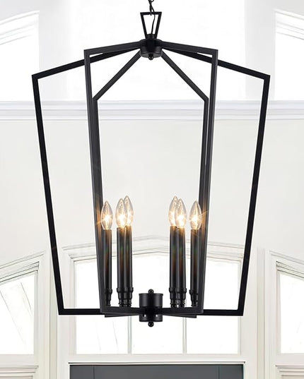 Vezzio Black Chandelier, 6-Light Modern Farmhouse Chandeliers Geometric Industrial Pendant Light Fixture Lantern for Dining Room Foyer Kitchen Island High Ceiling Hallway Entryway, D25 Inch
