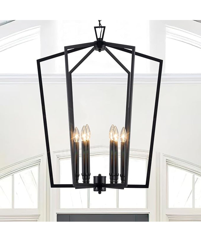 Vezzio Black Chandelier, 6-Light Modern Farmhouse Chandeliers Geometric Industrial Pendant Light Fixture Lantern for Dining Room Foyer Kitchen Island High Ceiling Hallway Entryway, D25 Inch