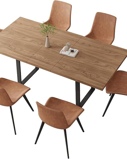 ZckyCine 67" Expandable Walnut Dining Table and 6 Upholstered Chairs, 7-Piece Dining Room Furniture Set, Mid-Century Modern Style for Home, Dining Room and Kitchen