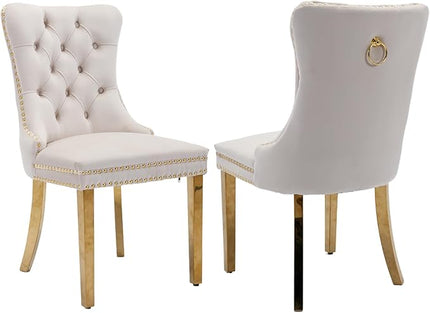 SoarFlash Velvet Dining Chair Set of 2, Upholstered Tufted Dining Room Chair with Nailhead Trim, Solid Gold Plated Leg for Kitchen (Beige)