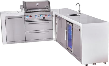 Mont Alpi MAi400-D90BEVDR 4-Burner Premium Deluxe L-shaped Modular Stainless Steel Outdoor Kitchen Island BBQ Gas Grill + Beverage Center with Fridge + Granite Countertops + Cover + Rotisserie Kit