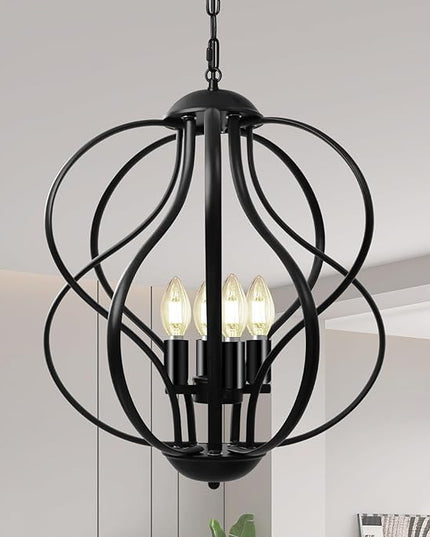 Black Chandelier for Dining Room Light Fixture, 4-Light Modern Farmhouse Chandelier, 17" Large Ceiling Hanging Industrial Pendant Light for Kitchen Island Living Room Foyer Entryway Stair