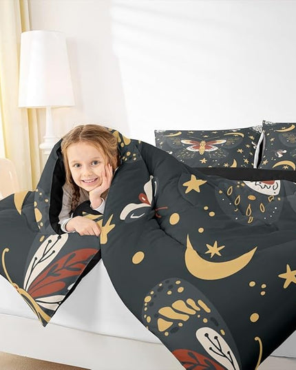 Sun Moon Kids Comforter Set Full Size,Starry Sky Galaxy Trippy Bohemia Bedding Set,Boys Girls Adults Room Decor,Death Moth Boho Exotic Down Comforter,Colorful Retro Duvet Insert,2 Pillowcases